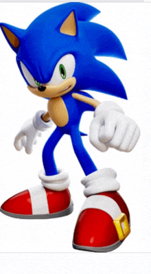 a blue sonic the hedgehog with green eyes and red and white shoes