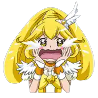 a girl with yellow hair and wings is crying