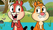 a couple of cartoon squirrels are standing next to each other in a field .