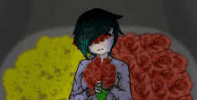 a drawing of a girl holding a bunch of roses