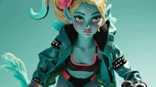 a doll with a flower in her hair and a jacket that says minimax