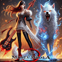 a painting of a woman holding a guitar next to a wolf with the words museumbola on the bottom