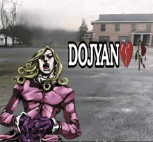 a cartoon character with a broken heart and the words dojyan on the bottom