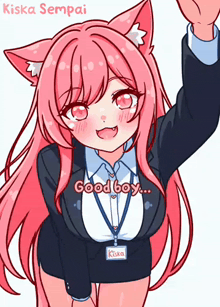 a girl with pink hair and cat ears is wearing a black suit and a name tag that says kiska