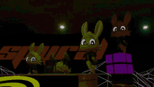 a group of cartoon characters are standing in front of a sign that says squirty