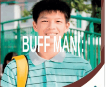 a boy with a yellow backpack is smiling in front of the word buff man