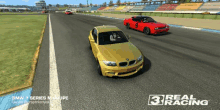 a bmw 1 series m coupe and a red dodge challenger are racing on a track in a real racing game