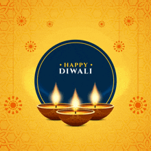 a happy diwali card with three lit candles