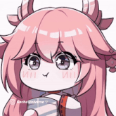 a gacha universe drawing of a girl with pink hair and horns