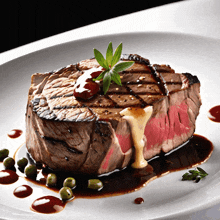 a white plate topped with a grilled steak with sauce and green peas