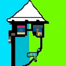 a pixel art of a house with a white roof and a blue and green background