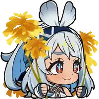 a cartoon drawing of a girl with white hair and yellow flowers