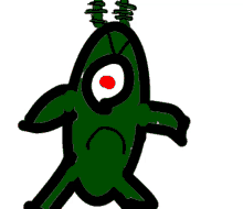 a drawing of a green alien with a red eye