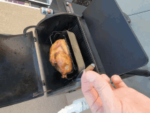 a person is holding a cigarette in front of a grill with a turkey inside