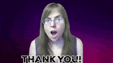 a woman with glasses is saying thank you on a purple background