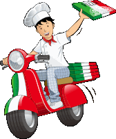 a chef is riding a scooter with a pizza box in his hand