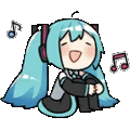 hatsune miku is sitting on the floor with headphones on and listening to music .