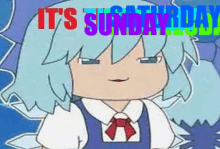 a cartoon of a girl with blue hair and the words `` it 's sunday ! ''