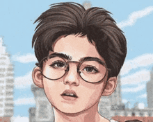 a cartoon drawing of a young boy wearing glasses and sunglasses .