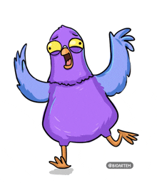 a cartoon drawing of a purple pigeon with blue feathers