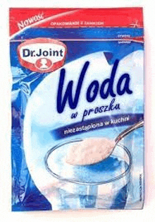 a package of dr. joint water with a spoon in a glass .