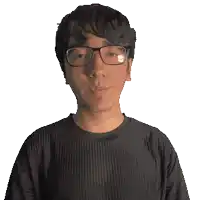 a man wearing glasses and a black shirt with the word sam on it