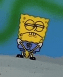 spongebob squarepants is wearing glasses and holding his hands together while standing on a sandy beach .