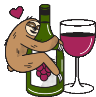 a cartoon of a sloth hugging a bottle of wine and a glass of wine