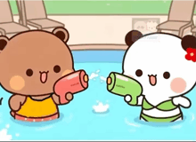 two cartoon bears are playing with water guns in the water