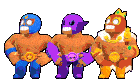 three cartoon characters standing next to each other with one wearing a purple belt