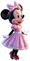 minnie mouse is wearing a pink dress with polka dots and red shoes