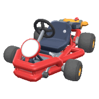 a red go kart with a blue seat and yellow wheels on a white background