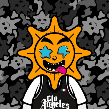 a cartoon of a sun wearing a jersey that says los angeles