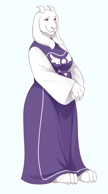 a cartoon drawing of a goat wearing a purple and white dress