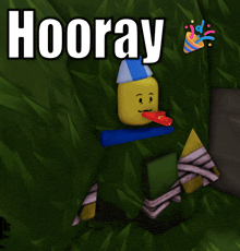 a cartoon character with a party hat and a red tongue says hooray