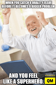 an older man is sitting in front of a laptop with his arms in the air