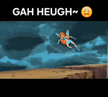 a cartoon of a fairy flying over a cliff with the words " gah heugh " above her