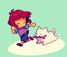 a cartoon of a girl playing with a dog