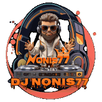 a logo for dj nonis77 shows a man wearing headphones and a crown