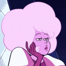 pink diamond from steven universe is a cartoon character with a big pink afro and purple gloves .