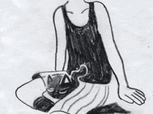 a black and white drawing of a woman holding a black cat