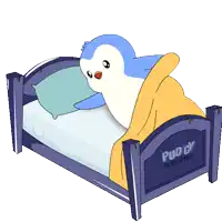 a cartoon of two penguins standing next to a bed that says pudgy penguins