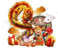 an illustration of a dragon and a man with gifts and dice