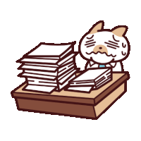 a cat is sitting at a desk with a pile of papers on it