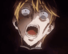 a close up of a anime character 's face with his mouth open