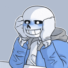 a drawing of a skeleton with a blue jacket on