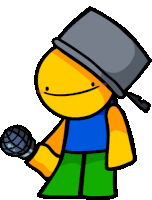 a yellow cartoon character wearing a top hat and green pants is holding a microphone .