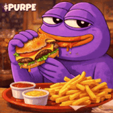 a cartoon character eating a hamburger and french fries