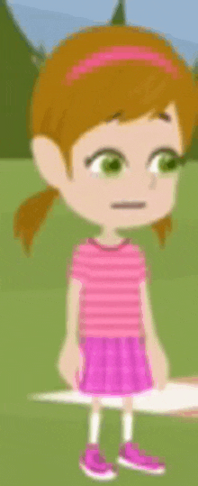 a cartoon girl in a pink and white striped shirt and pink skirt is standing on a grassy field .