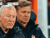 two older men are watching a soccer game with a score of 0-0